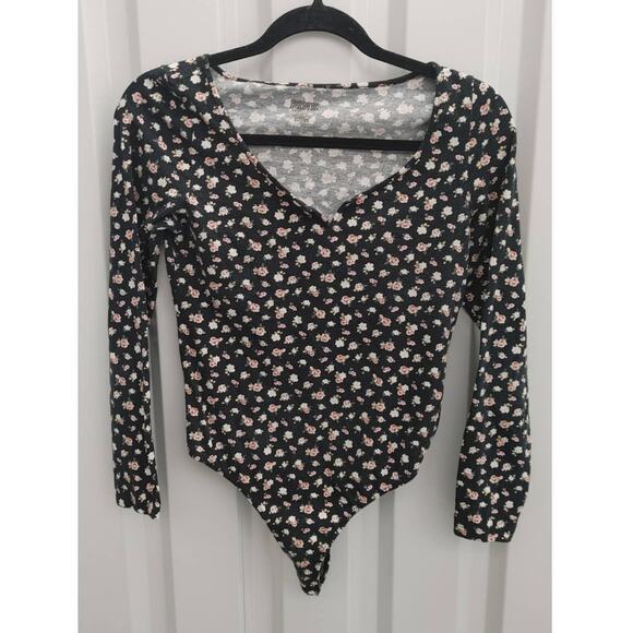 Victoria's Secret PINK Bodysuit Floral Thong Black Medium Y2K V-Neck - Picture 3 of 7